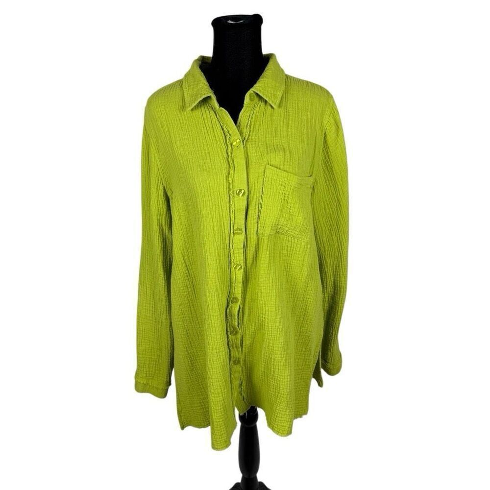 Belle Kim Gravel Lime Green 100% Cotton‎ Gauze Button Down - Women’s S